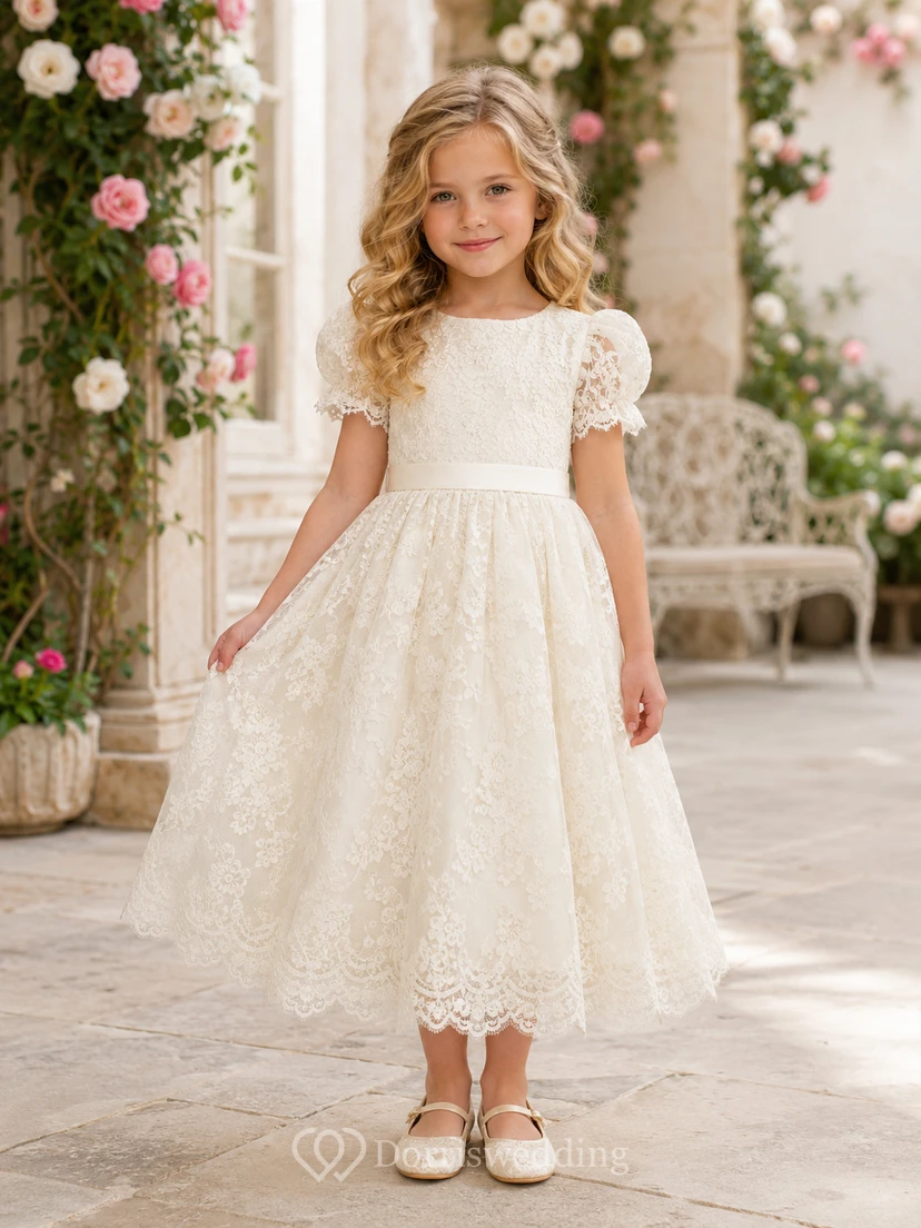 Elegantes Tüll-Blumenmädchenkleid mit Spitzenoberteil