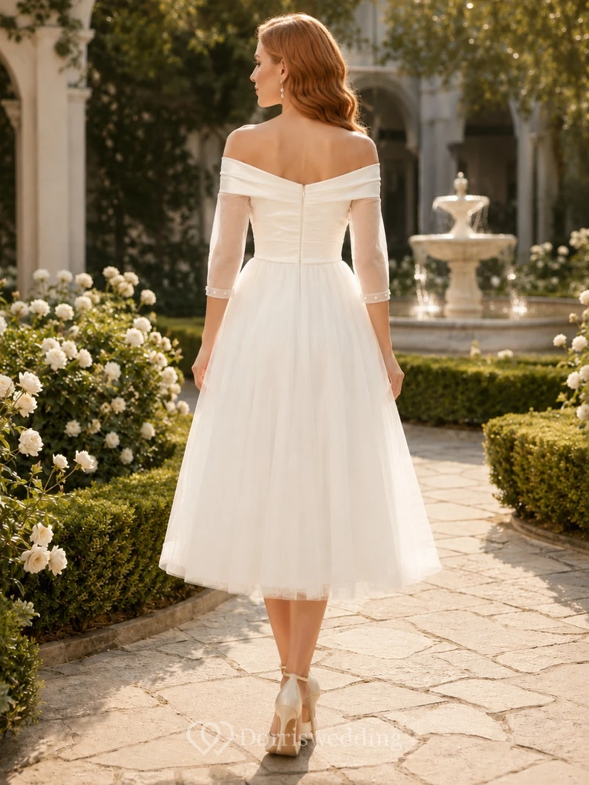 Romantisches Brautkleid aus Chiffon mit schulterfreiem 3/4-Ärmeln, A-Linie und Teelänge view 2