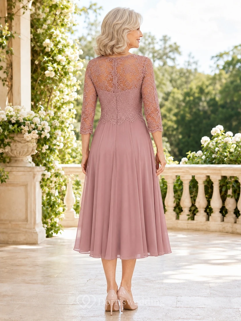 Altrosafarbenes Chiffon-Kleid mit Dreiviertelärmeln, Rundhalsausschnitt und A-Linien-Schnitt aus Spitze view 2