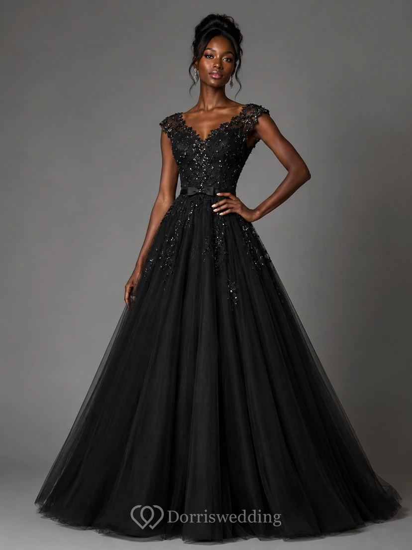 Ball Gown Floor-Length V-Neck Bell Cap Beading Flower Corset Back Tulle Lace Sequins Dress view 5