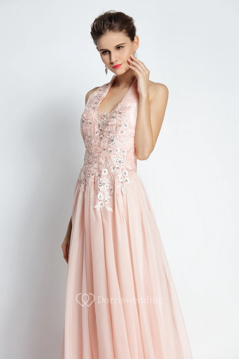 A-Linien-Abendkleid aus Chiffon, bodenlang, mit Schleppe, Neckholder, ärmellos, mit Applikationen und Falten view 3