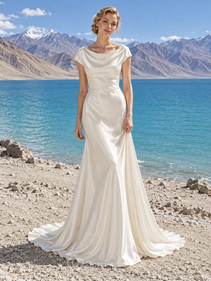 Simple Cowl Cap Sleeve Satin Sheath Sweep Train Wedding Dress