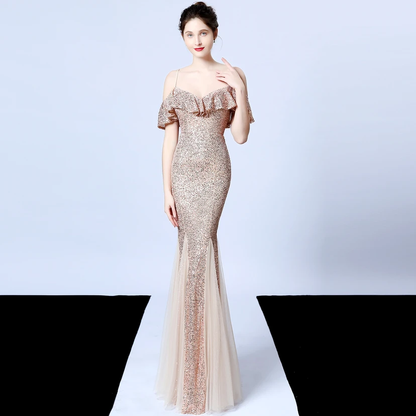Robe de soirée élégante à franges et sequins en fil de polyester, style sirène, idéale pour un banquet ou une occasion spéciale automne. view 21