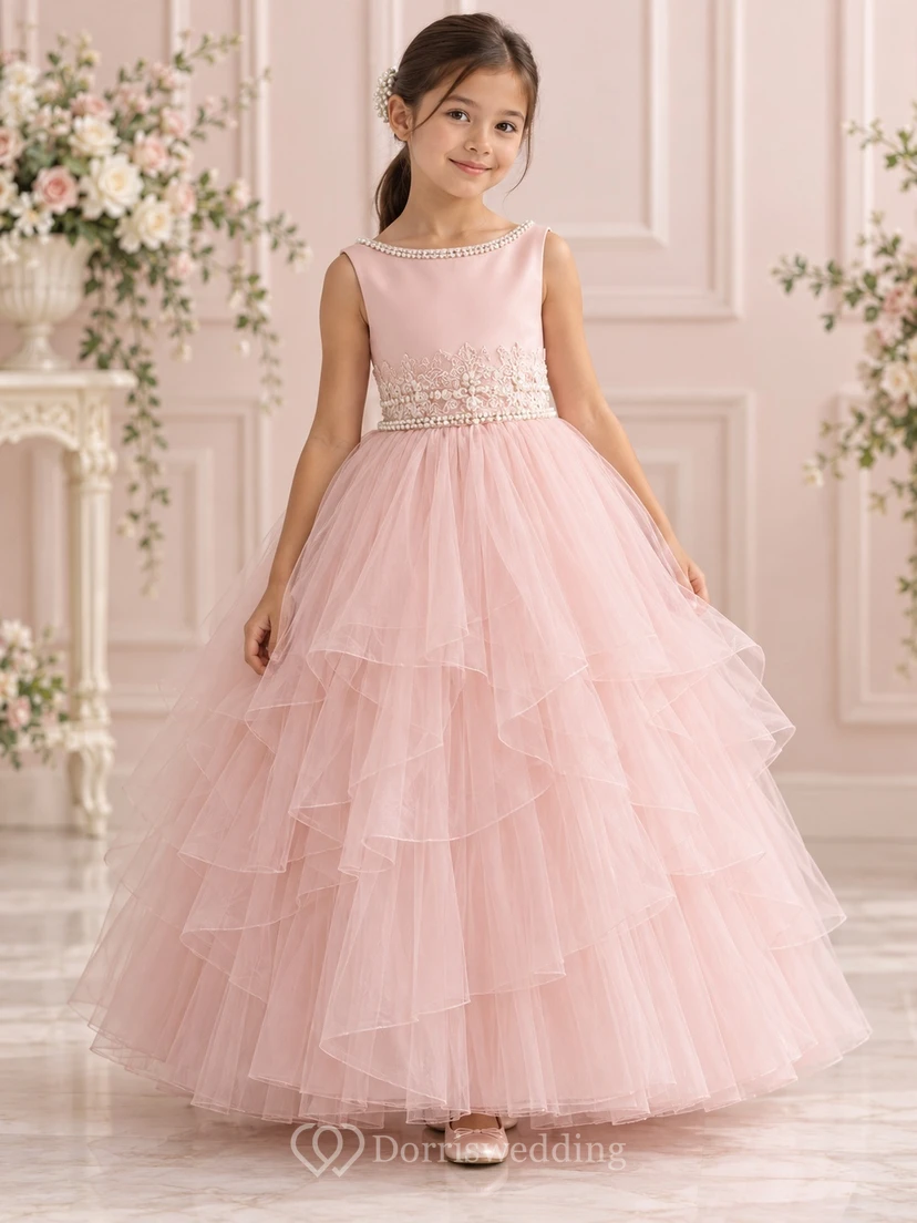 Ärmelloses, gestuftes Ballkleid aus Tüll mit Perlenkragen in Rosa für Blumenmädchen