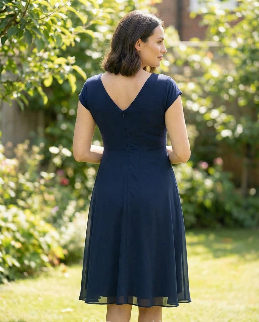 Robe de demoiselle d'honneur de maternité bleu marine foncé avec col en V, manches courtes et jupe en mousseline view 2
