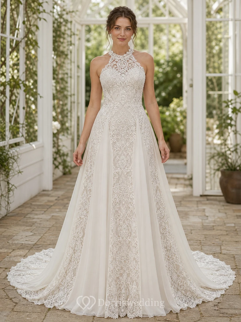 Vestido de novia sexy sin mangas, corte A, escote halter, espalda cruzada, encaje filigrana y cola catedral