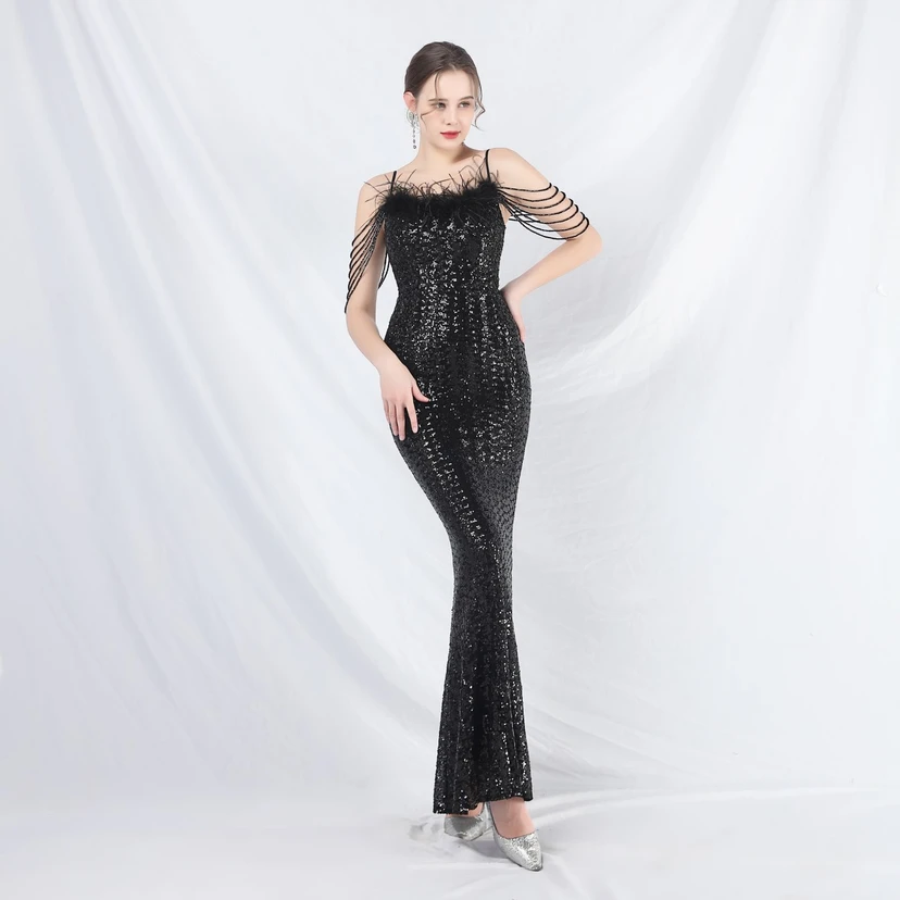 Craft Beaded Ostrich Feather Fantasy Sequined Long Evening Dress view 65