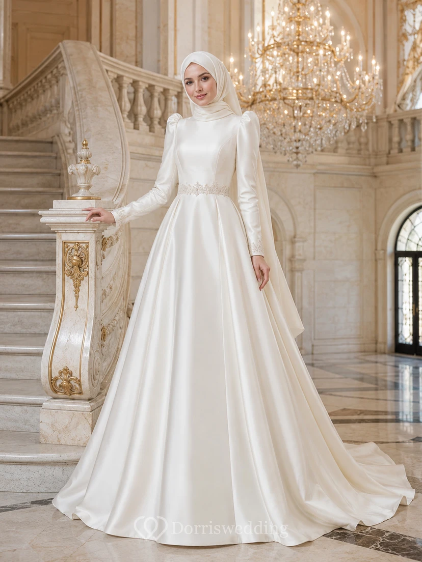 Modest Muslim Satin Ball Gown Bridal Dress With Long Sleeves