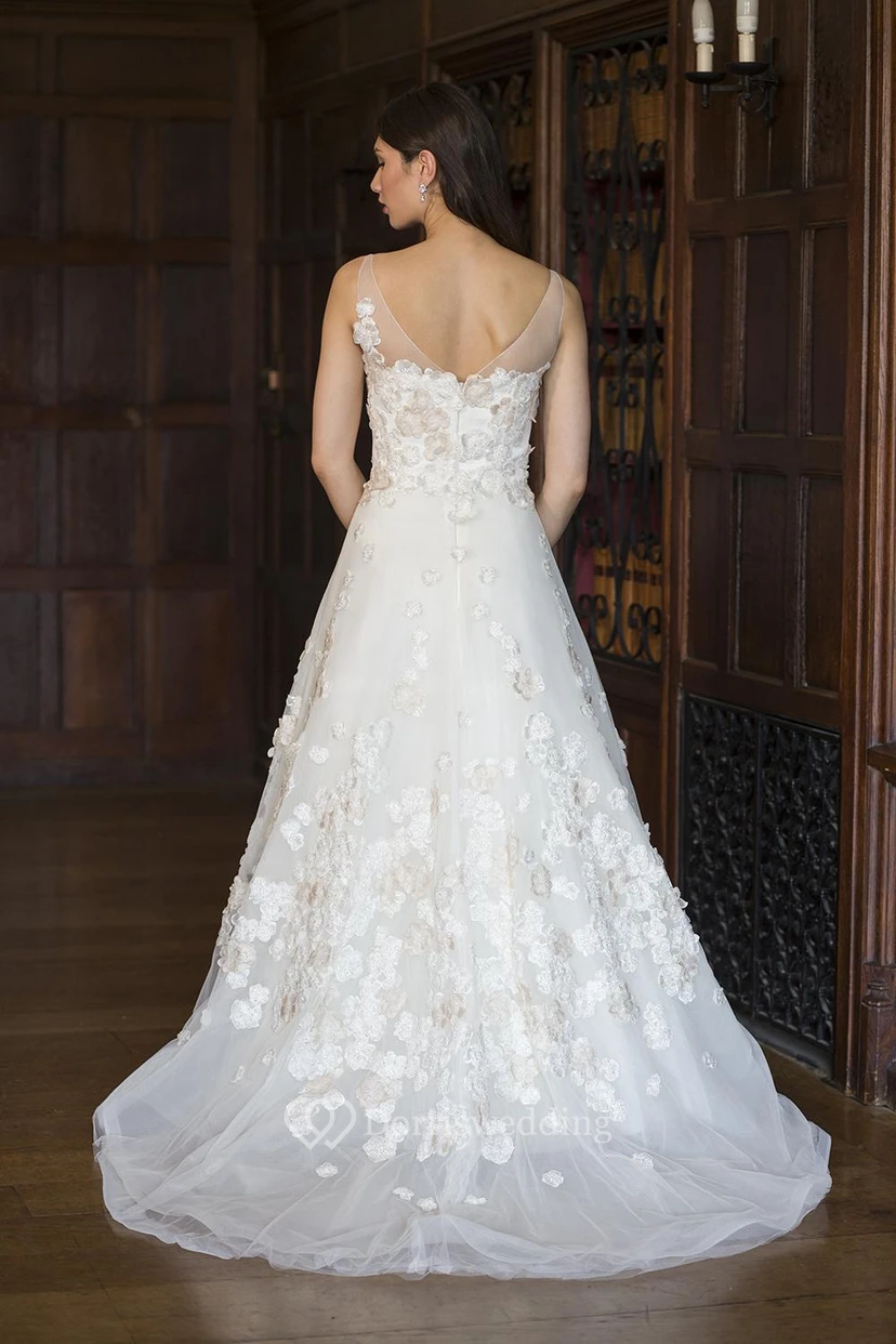 A-Line Scoop-Neck Floor-Length Sleeveless Floral Organza Wedding Dress With Appliques view 2