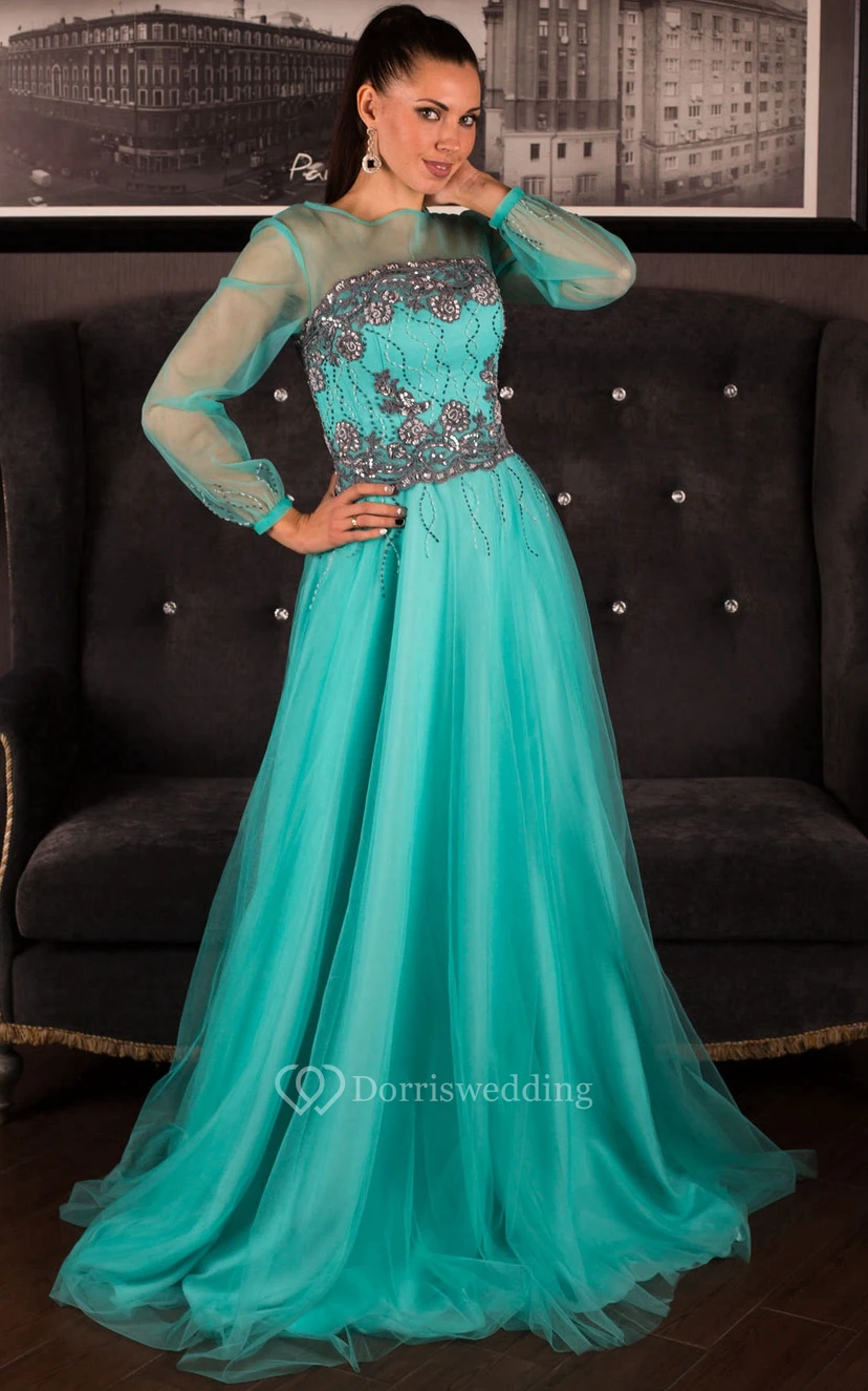 A-Line Sweep High-Neck Long Sleeve Tulle Appliques Beading Keyhole Dress