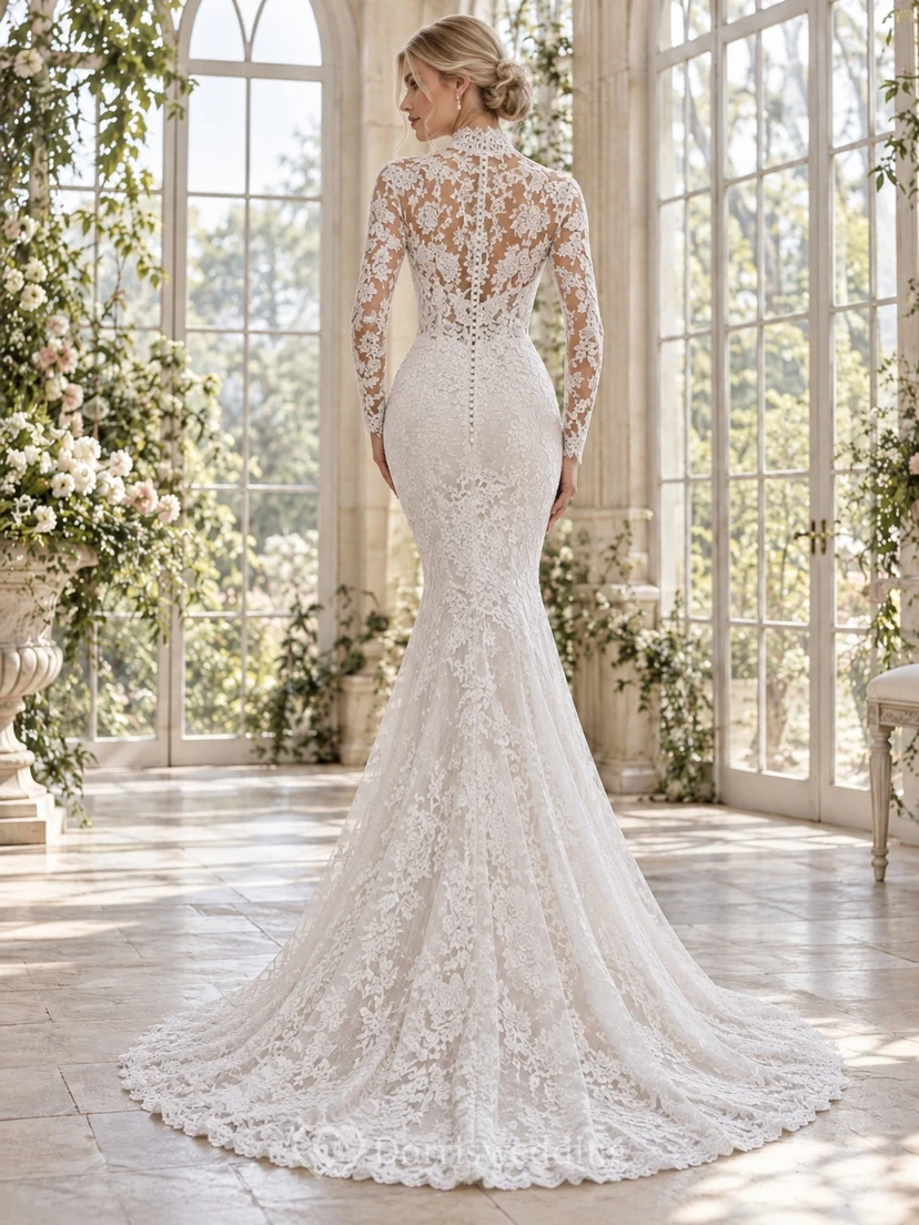 Robe de mariée sirène modeste à col montant, manches longues et traîne en dentelle botanique view 2