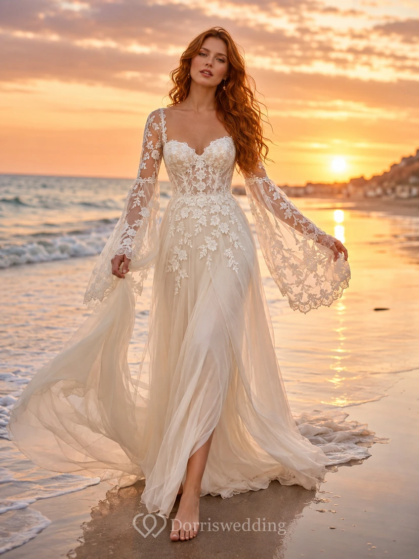 Sweetheart Bell Sleeve Lace Beach Chapel Wedding Dress