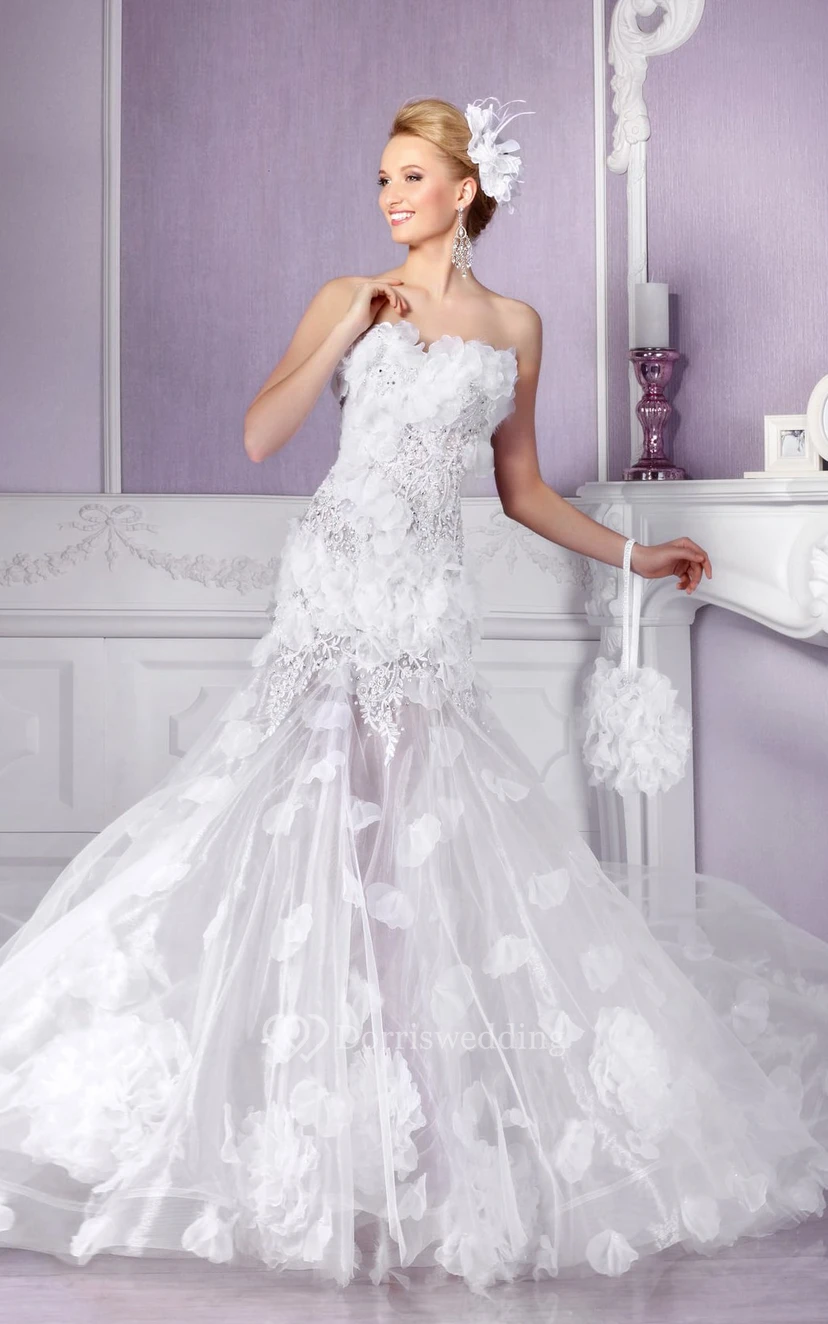 Vestido de tul sin mangas con escote corazón y cola de corte A con cordones view 2