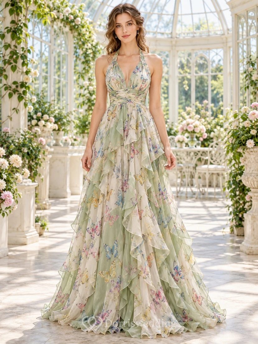 Celadon Butterfly Floral Print V Halter Tiered Chiffon Evening Gown