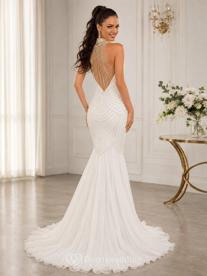 Beautiful Sleeveless Pearls Mermaid Prom Dresses Floor Length view 2
