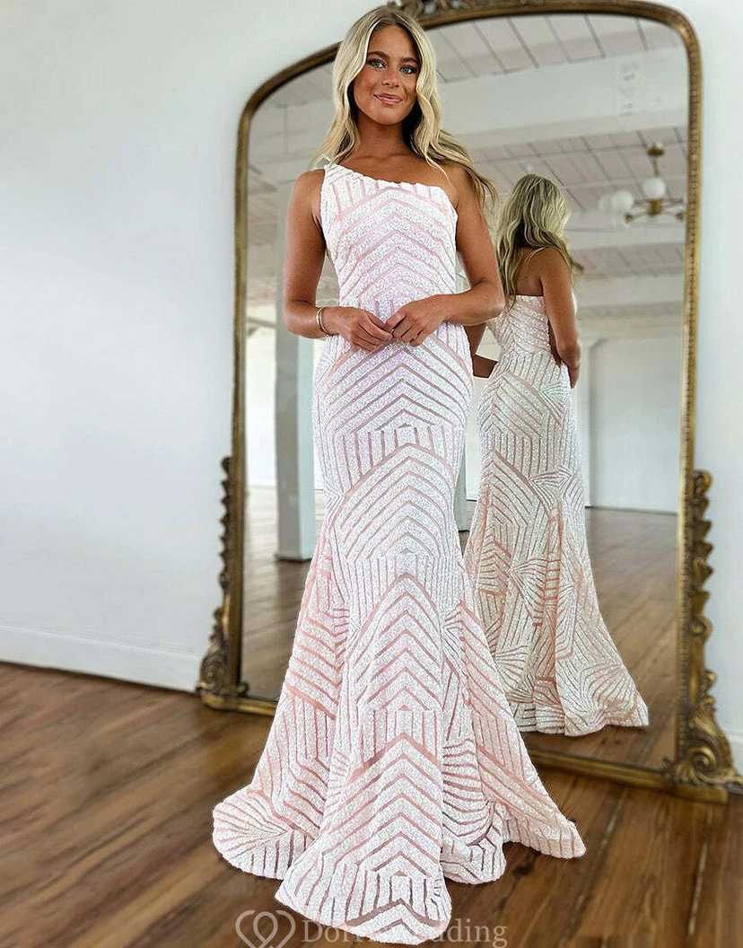 Einseitig schulterfreies, pinkfarbenes Pailletten-Meerjungfrauenkleid mit geometrischem Muster view 7