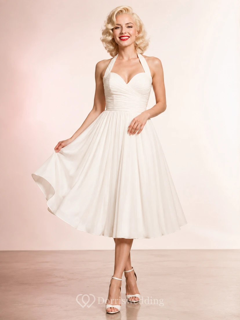 White Halter Sweetheart Tea Length Marilyn Cocktail Party Dress Chiffon