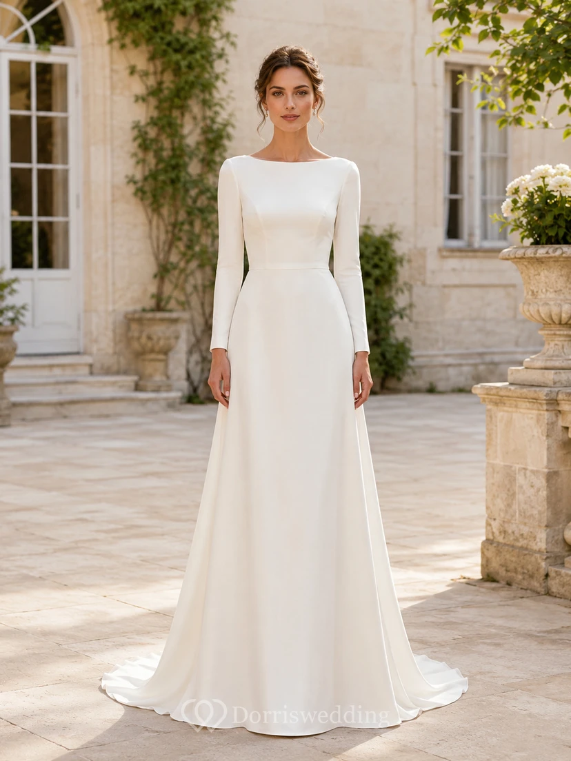 Minimalist Chiffon Wedding Dress A-Line Bateau Neck Long Sleeve Sweep Train Bridal Gown