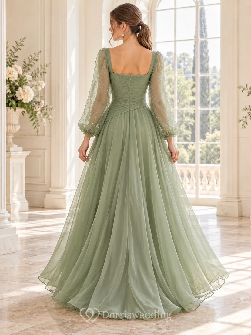 Long Sleeve Square Neck Sage Dotted Organza Evening Dress view 2