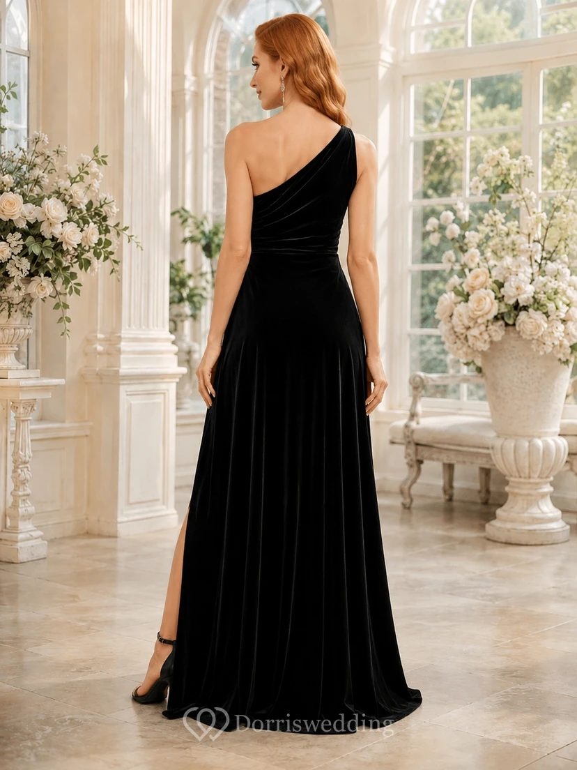 Black Velvet One-Shoulder Sleeveless A-Line Floor-length Sexy Luxury Formal Reception Split Evening Dress view 2