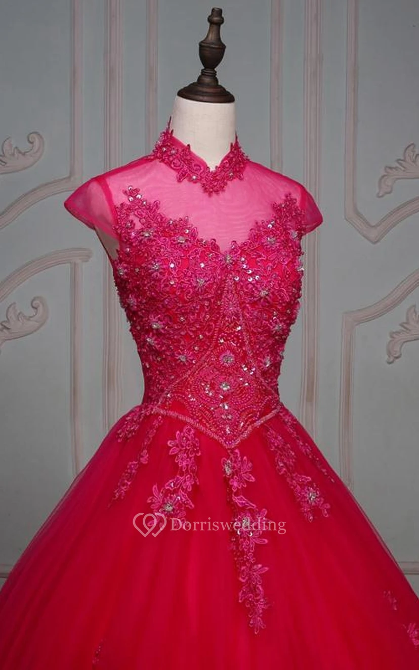 Ball Gown Floor-Length High Neck Bell Cap Beading Appliques Corset Back Tulle Lace Dress view 4