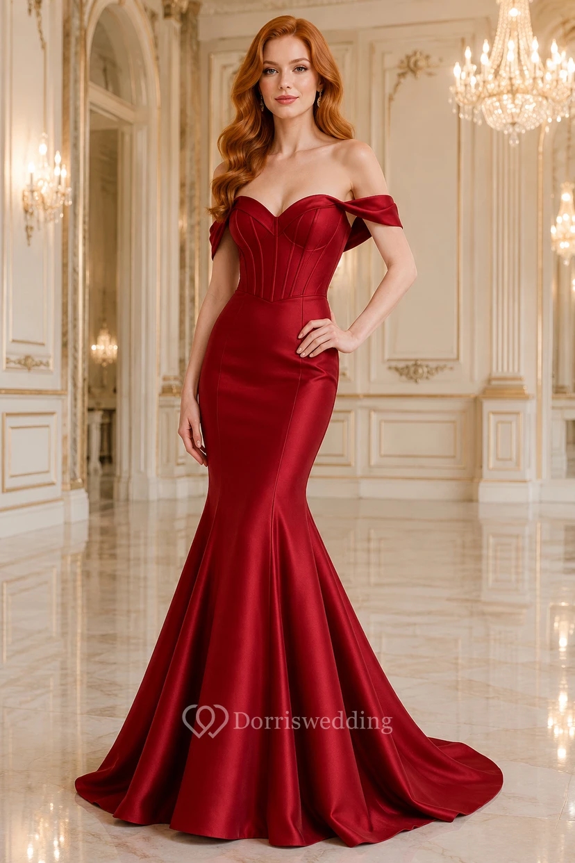 Evening Gown Red Satin Mermaid Off Shoulder Short Sleeve Floor Length