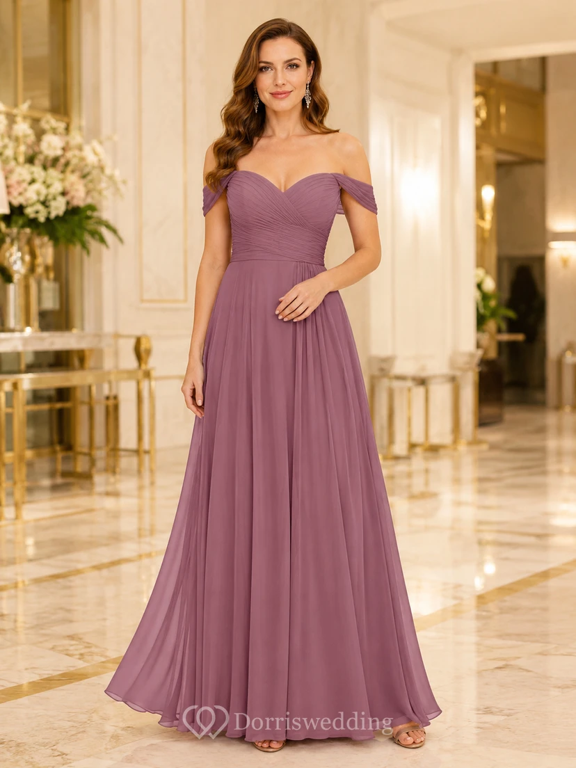 Mauvefarbenes Chiffon-Abendkleid mit kurzen Ärmeln und A-Linie