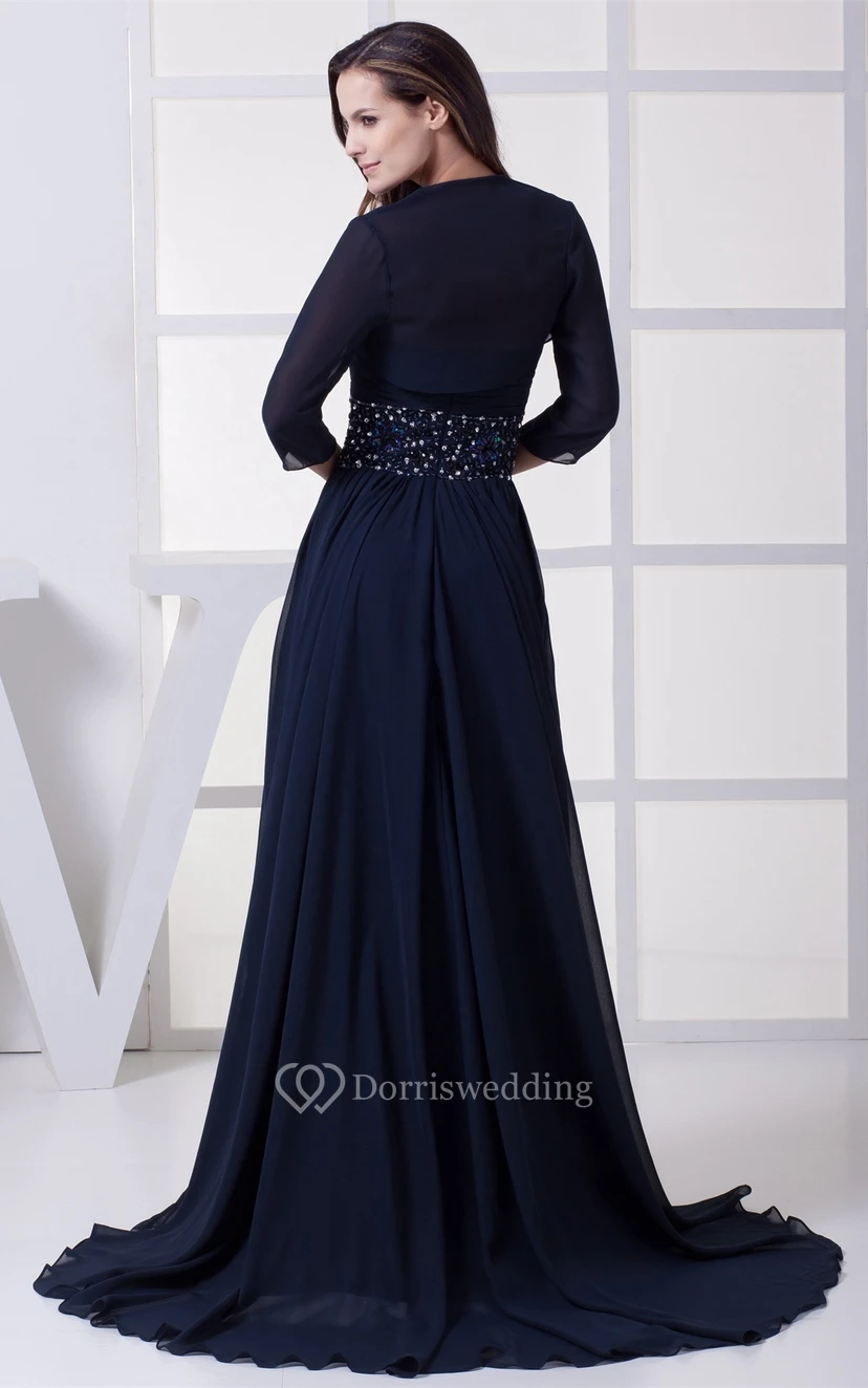 Vestido largo sin mangas de gasa con cintura fruncida adornada con joyas y bolero. view 6