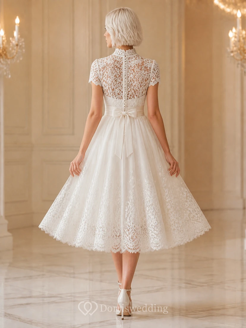 Vintage-Tüllkleid in Teelänge, schlicht und elegant, mit hohem Kragen und kurzen Ärmeln view 2