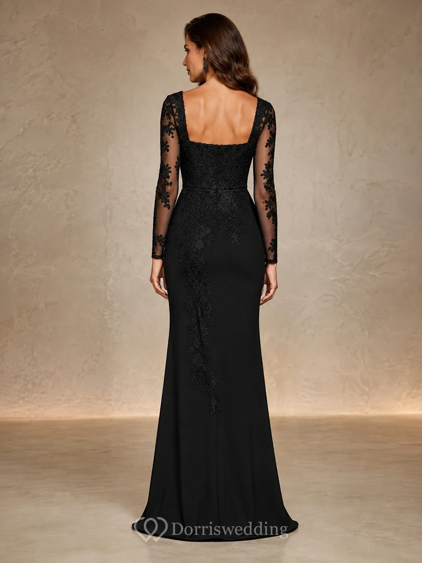 Black Sultry Square Lace Long-Sleeve Sheath Floor-Length Evening Dress view 2