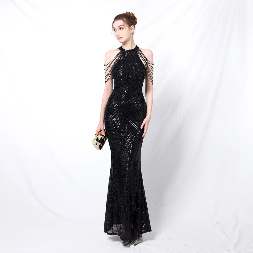 Robe de soirée élégante à col halter et sequins, allure de reine, style banquet, longue robe de soirée sirène à sequins, style star, glamour et décontracté. view 14