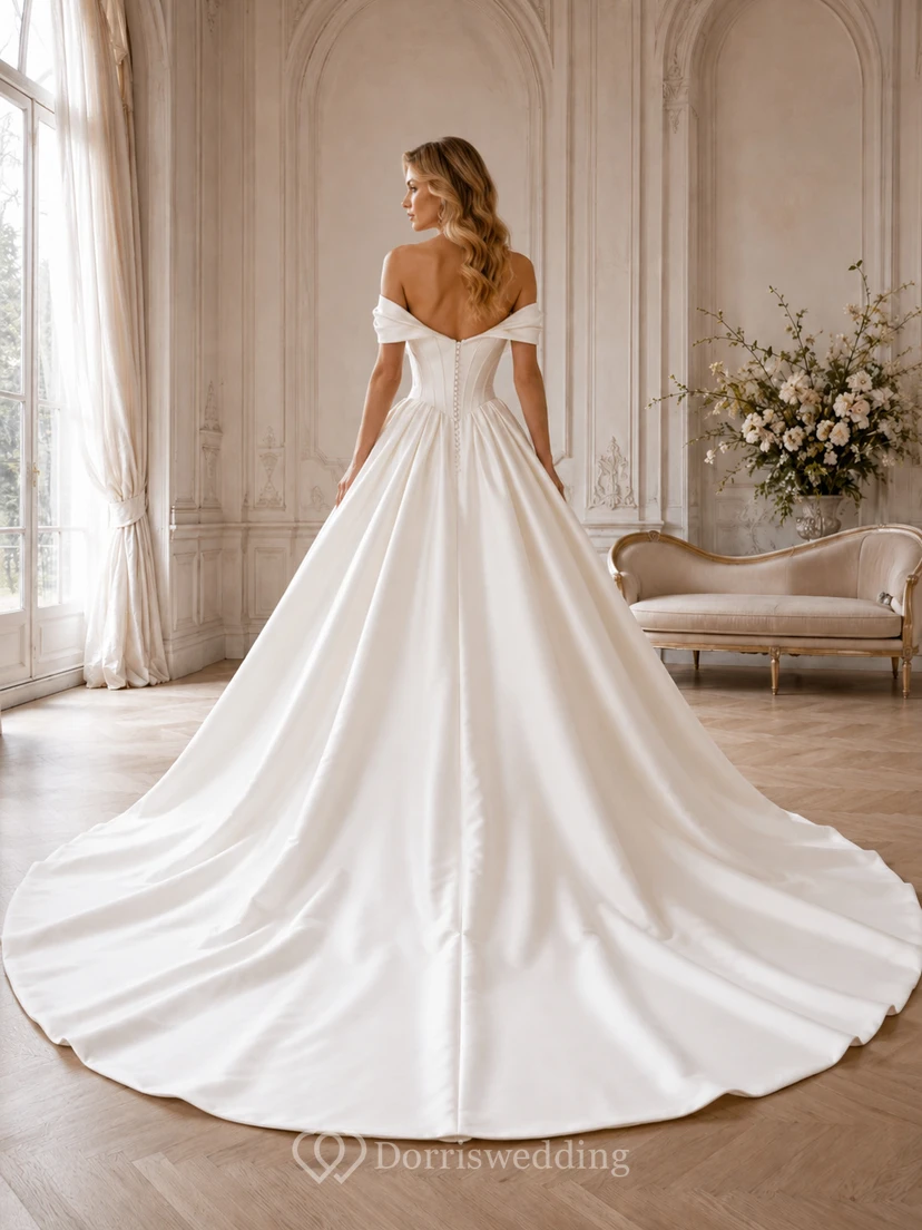 Vestido de novia de satén, vestido de gala sin tirantes con cola de capilla. view 2