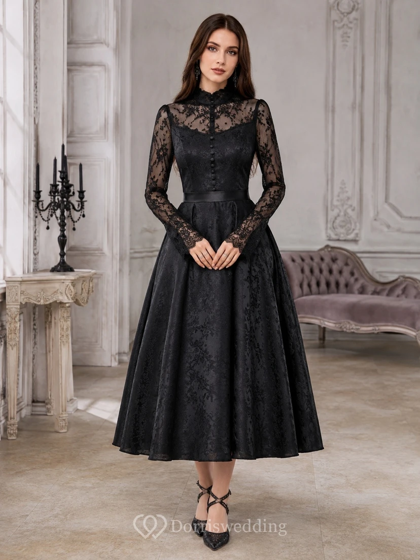 Black High-Neck Long-Sleeve Illusion Lace A-Line Tea-Length Gothic Dress