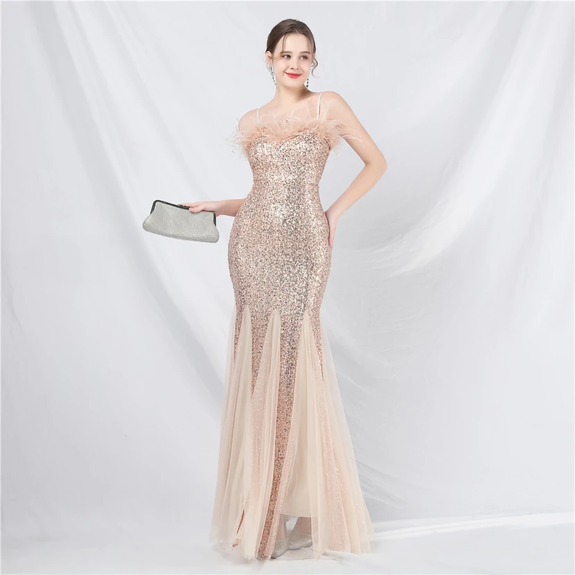 Craft Ostrich Feather Mesh Sequined Long Evening Dress view 50