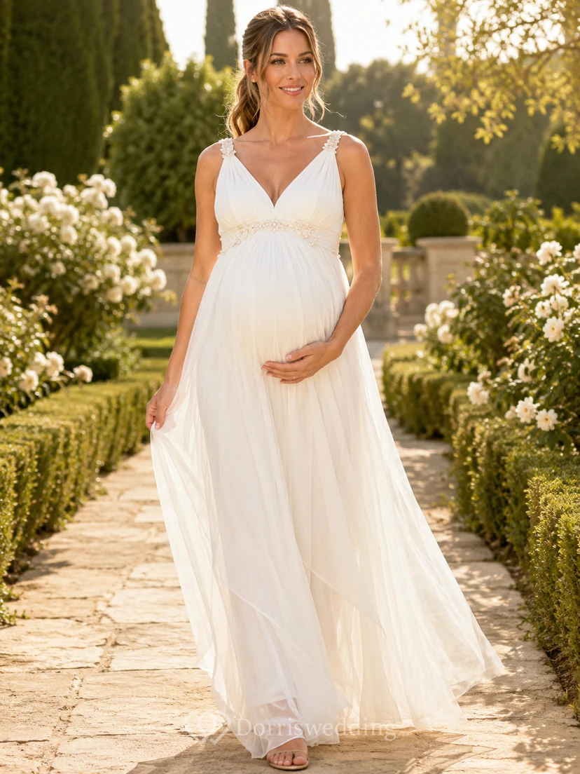 Robe de mariée légère d'été pour maternité, col V, bretelles spaghetti, tulle, coupe empire, style champêtre