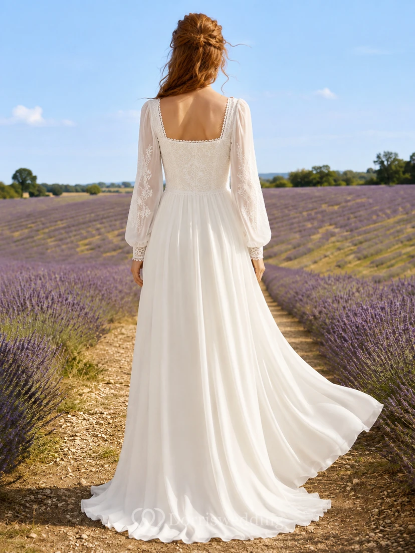 Vestido de novia bohemio de gasa con cuello cuadrado y manga larga view 2