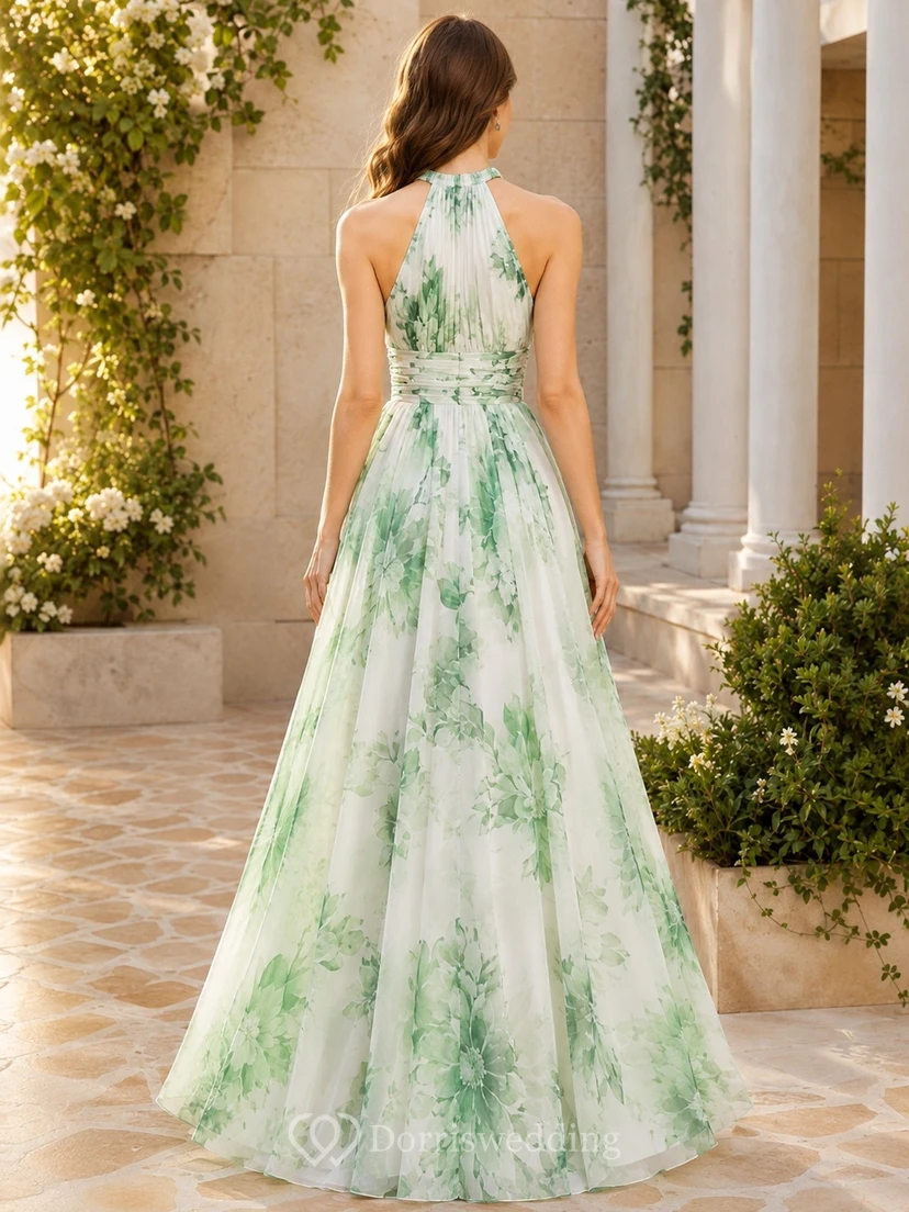 Floral Mint Green Prom Chiffon V-Neck Sleeveless A-Line Dress view 2