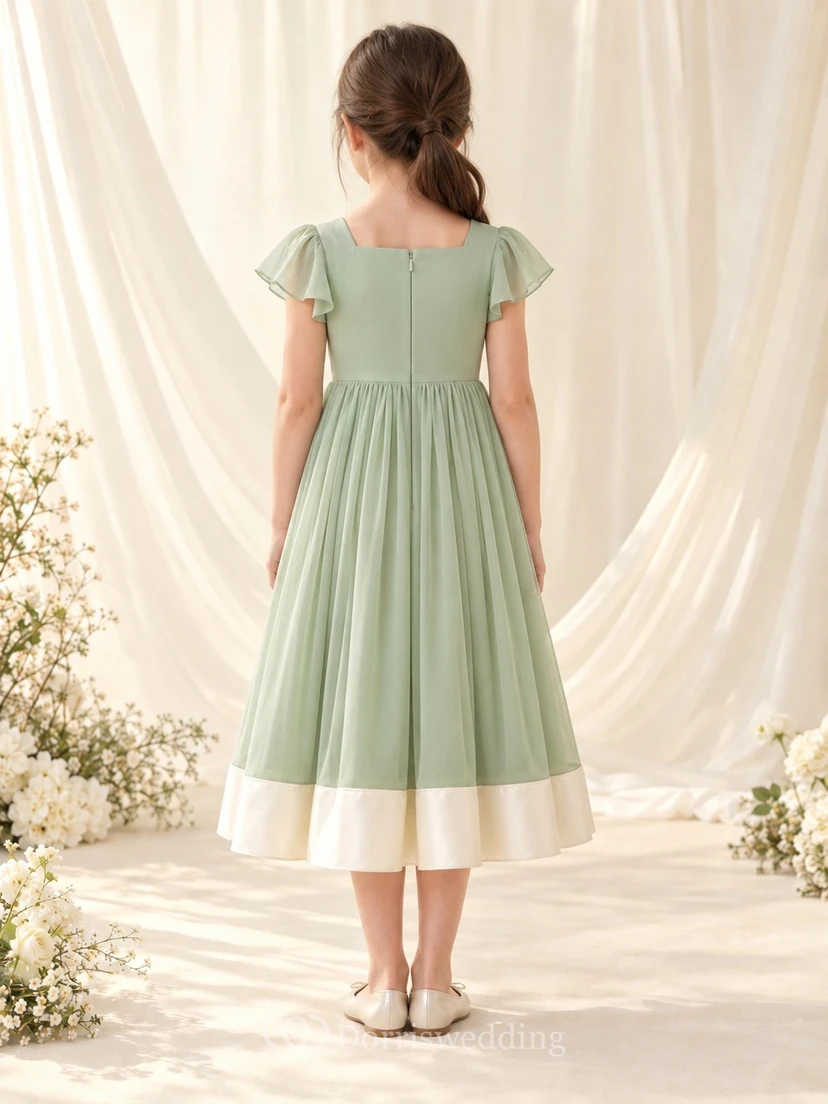 Modest Square Neck Sage Tea-length Wide Flutter Sleeve Full Banded Chiffon Flower Girl Dress view 2