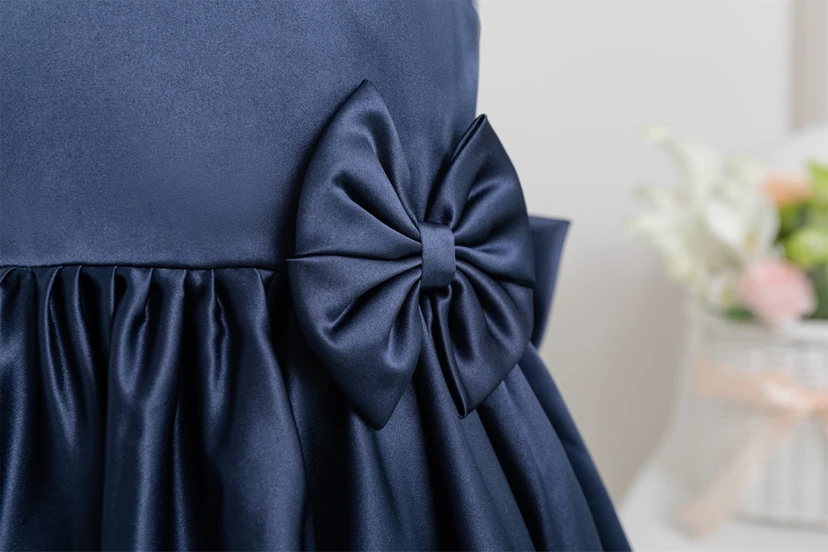 Jewel Satin Short A-line Bowed Dark Navy Flowergirl Dress view 7