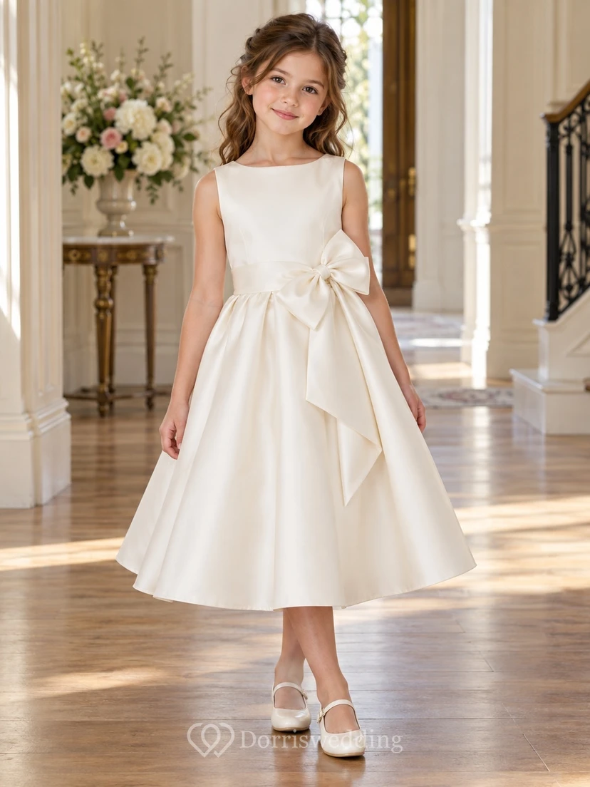 Tea-length Ivory Bateau Sculptural Side Bow Satin Flower Girl Dress