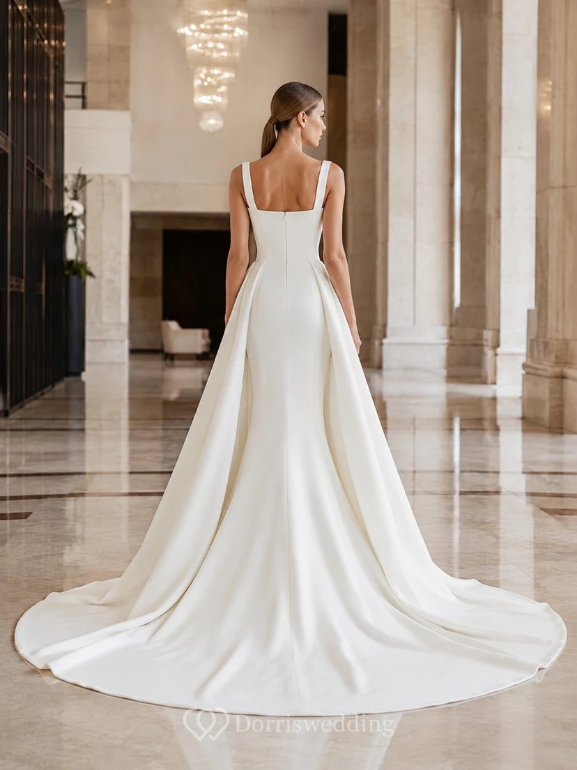 Satin-Hochzeitskleid im Meerjungfrauenstil mit eckigem Ausschnitt, ärmellos, Kapellenschleppe view 2