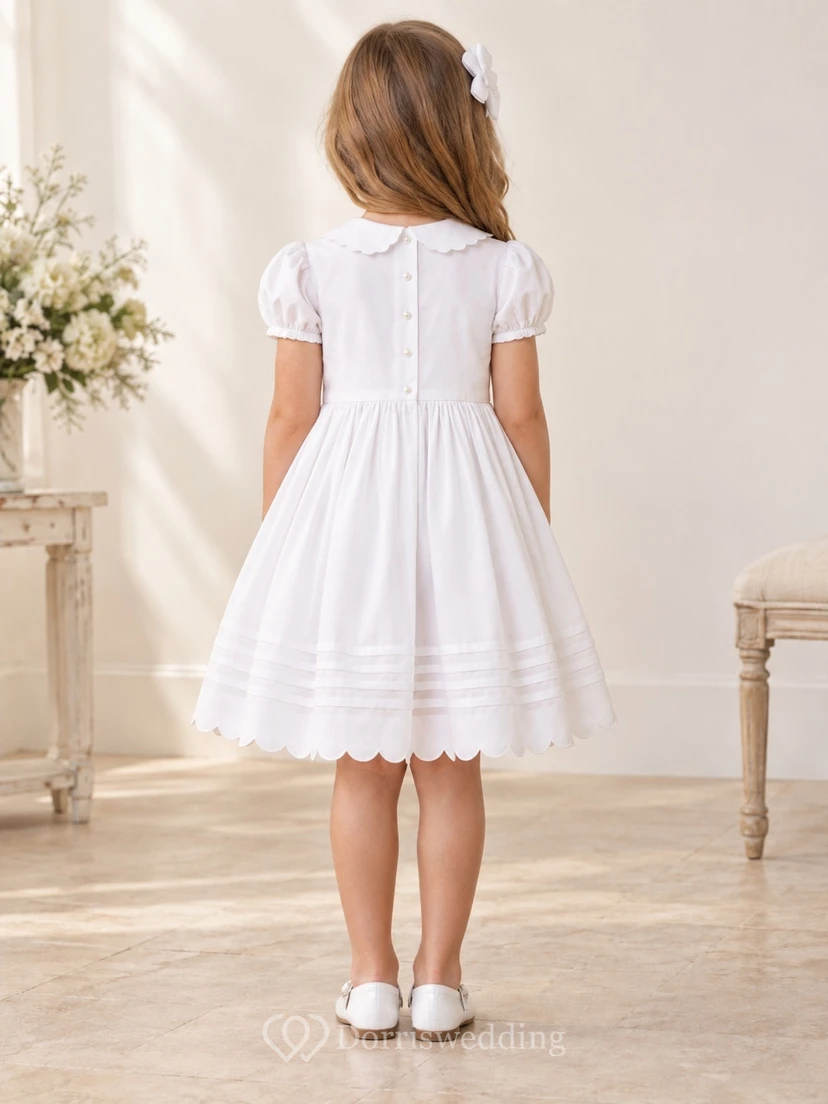 Vintage White Knee-length Scalloped Peter-Pan Collar Short Puff Sleeves Close-Tucked Gathered Rounded-Hem Button-Back Flowergirl Dress view 2