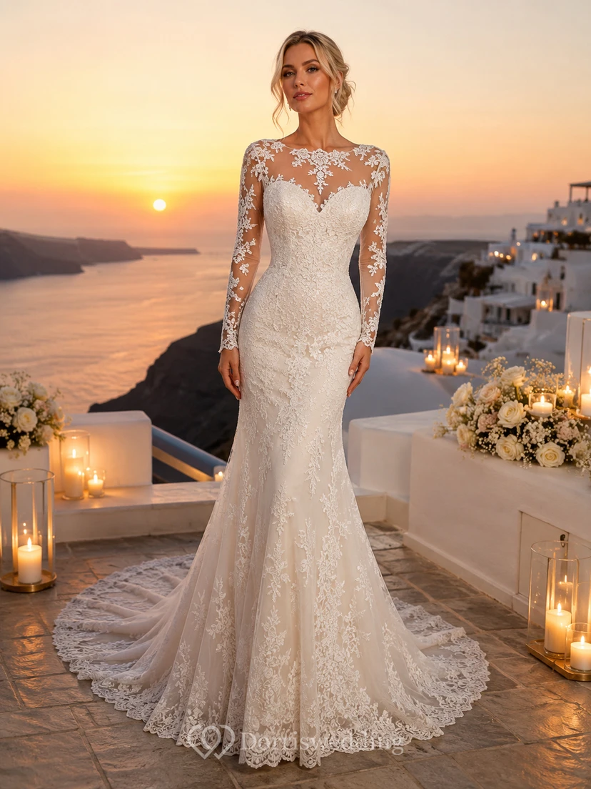 Robe de mariée sirène à manches longues en dentelle illusion bateau, style modeste, pour une destination de mariage.