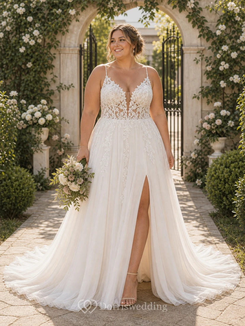 Boho Beach Wedding Dress with Spaghetti Straps, Floral Lace Bodice, High Slit & Flowing Chiffon Train view 4