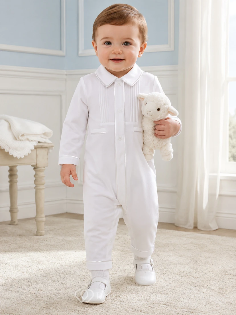 White Pintuck Long Sleeve Peter Collar Christening One Piece for Baby Boy