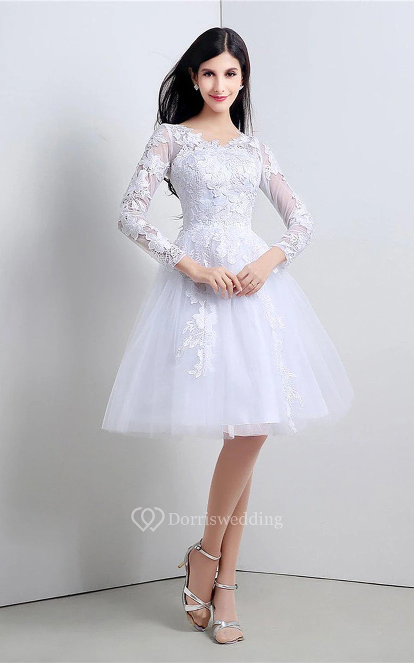 Noble Knee-length Lace and Tulle Dress With Long Sleeves view 3