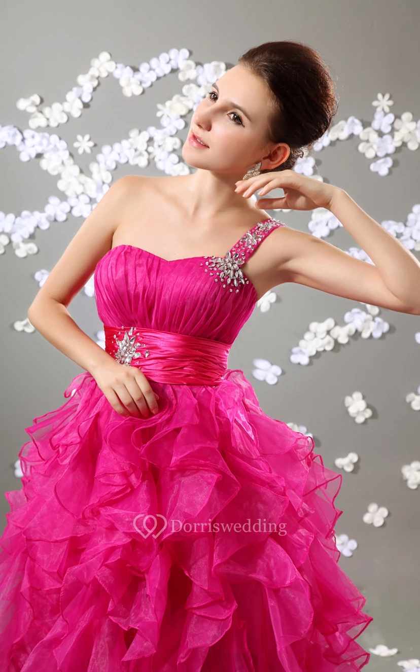 Organza High-Low Dress With Ruffled Skirt and Beading view 3