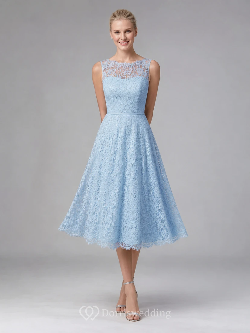 Blue Illusion A-Line Tea-Length High-Neck Sleeveless Lace Romantic Guest Dress