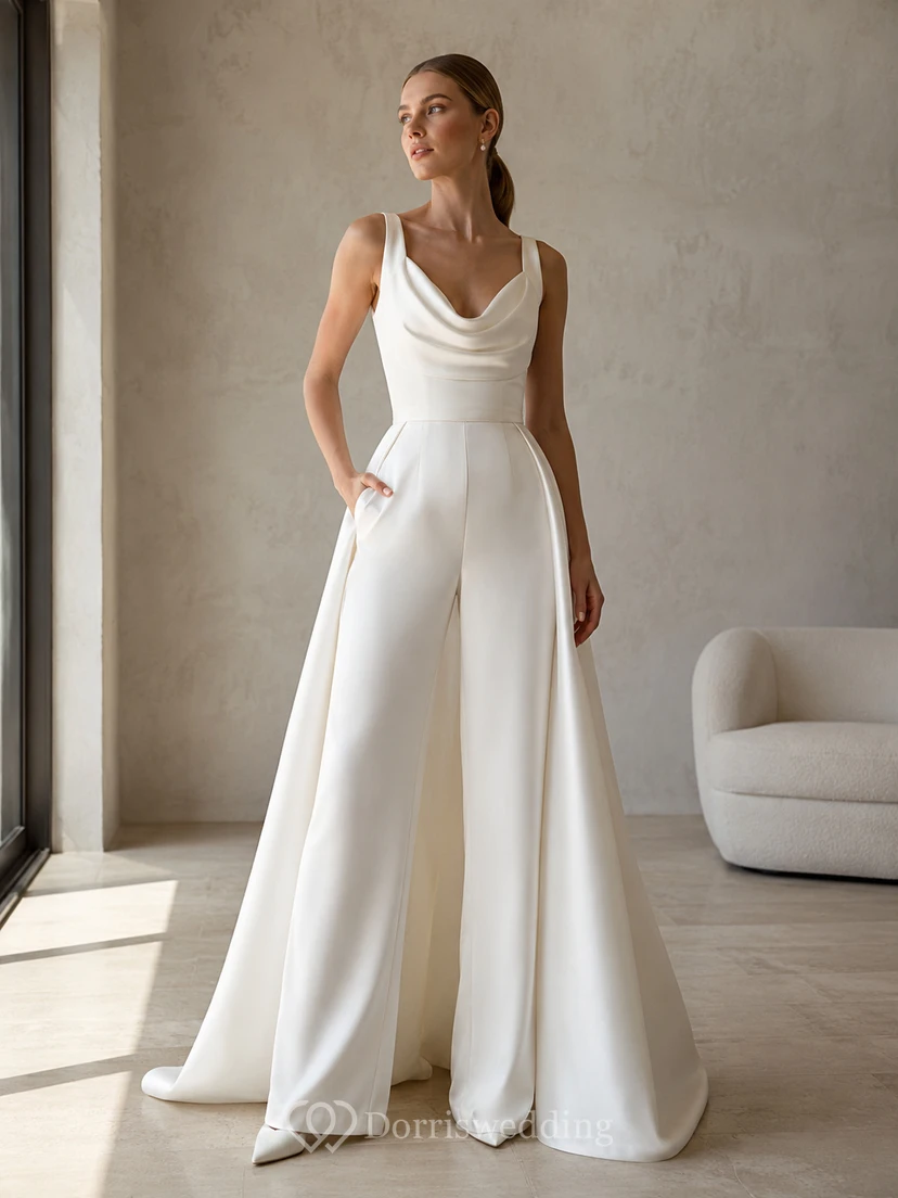 Combinaison-pantalon plissée en satin à col bénitier sans manches et jambes larges, robe de mariée