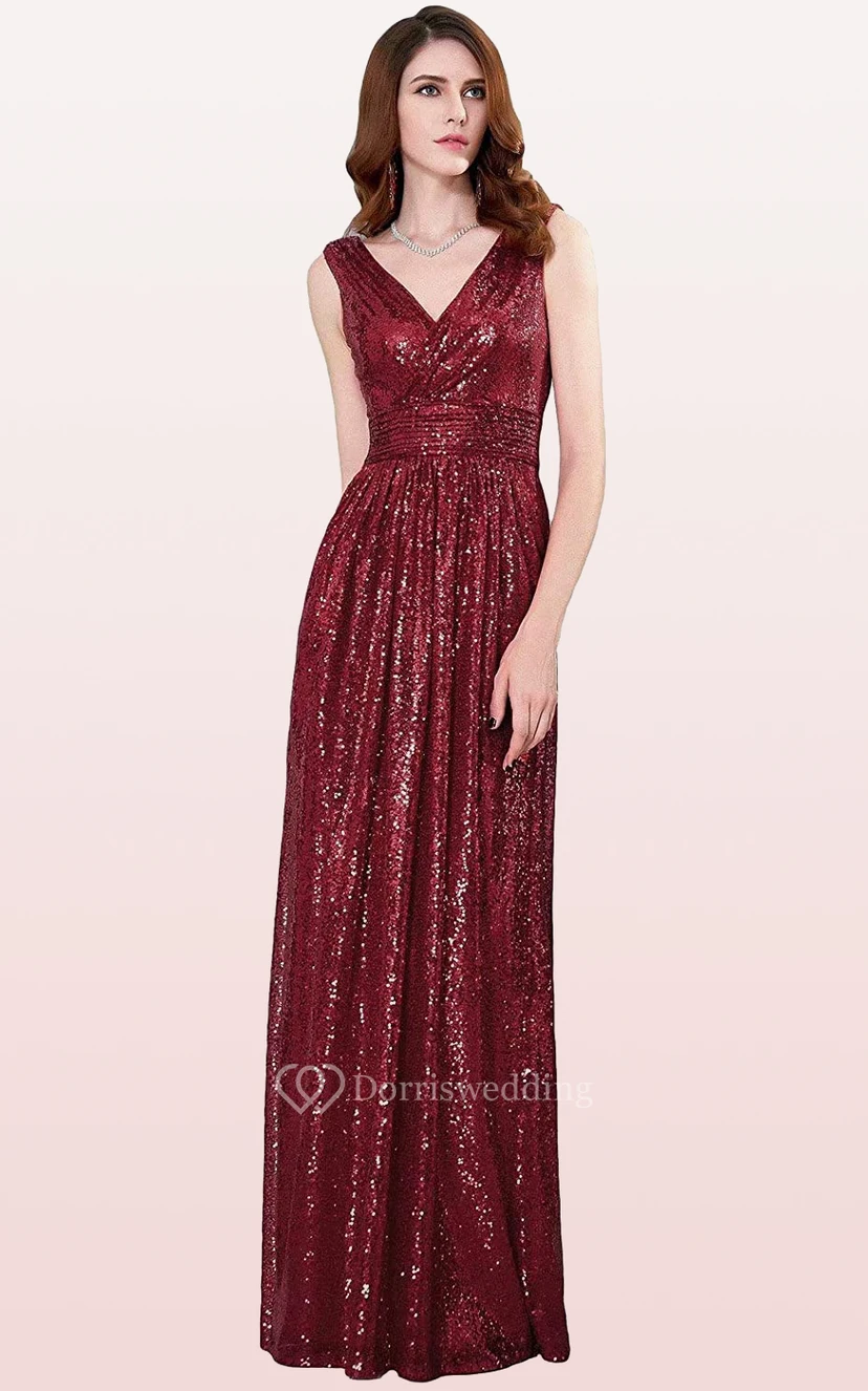 V-neck A Line Sleeveless Floor-length Sequins Bridesmaid Dress With Ruching view 5
